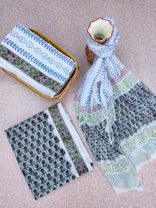 Hand Block Printed Unstitched Cotton Suit Set With Chiffon Dupatta - JBCF778