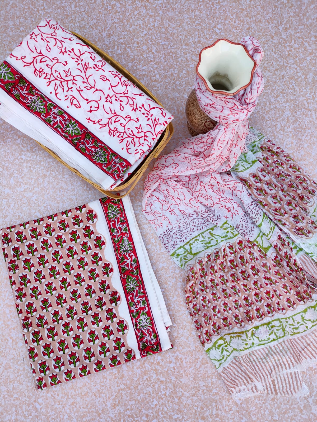 Hand Block Printed CottonUnstitched Salwar Suit with Chiffon Dupatta - JBCF779