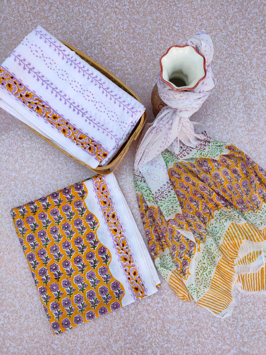 Unstitched Hand Block Printed Cotton Suit With Chiffon Dupatta - JBCF780