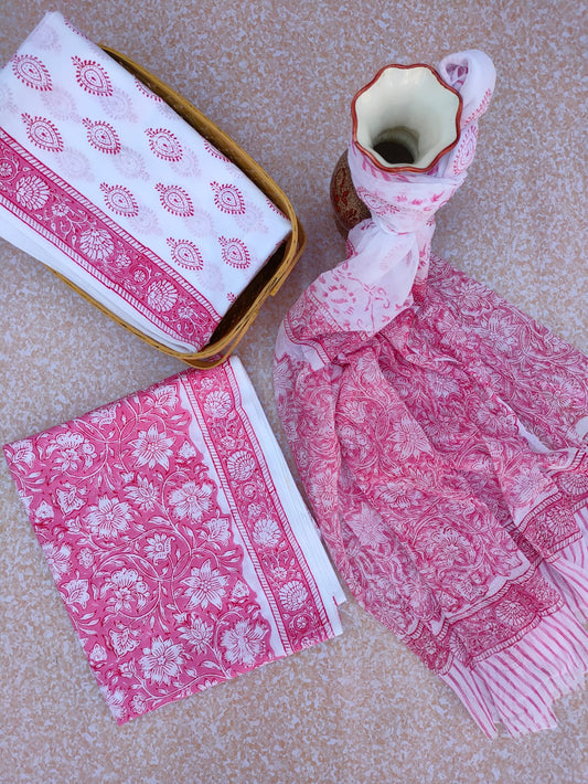 Unstitched Hand Block Printed Cotton Suit With Chiffon Dupatta - JBCF781