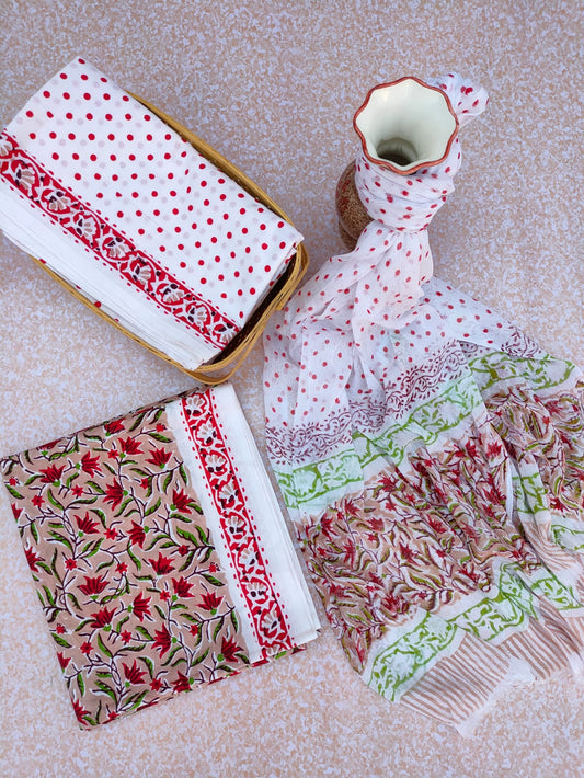 Hand Block Printed Unstitched Cotton Suit Set With Chiffon Dupatta - JBCF782