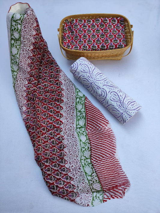 Unstitched Hand Block Printed Cotton Suit With Chiffon Dupatta - JBCF784