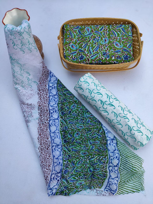 Unstitched Hand Block Printed Cotton Suit With Chiffon Dupatta - JBCF785