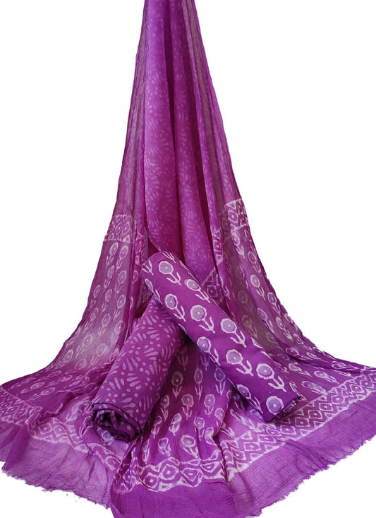 Hand Block Printed CottonUnstitched Salwar Suit with Chiffon Dupatta - JBCF723