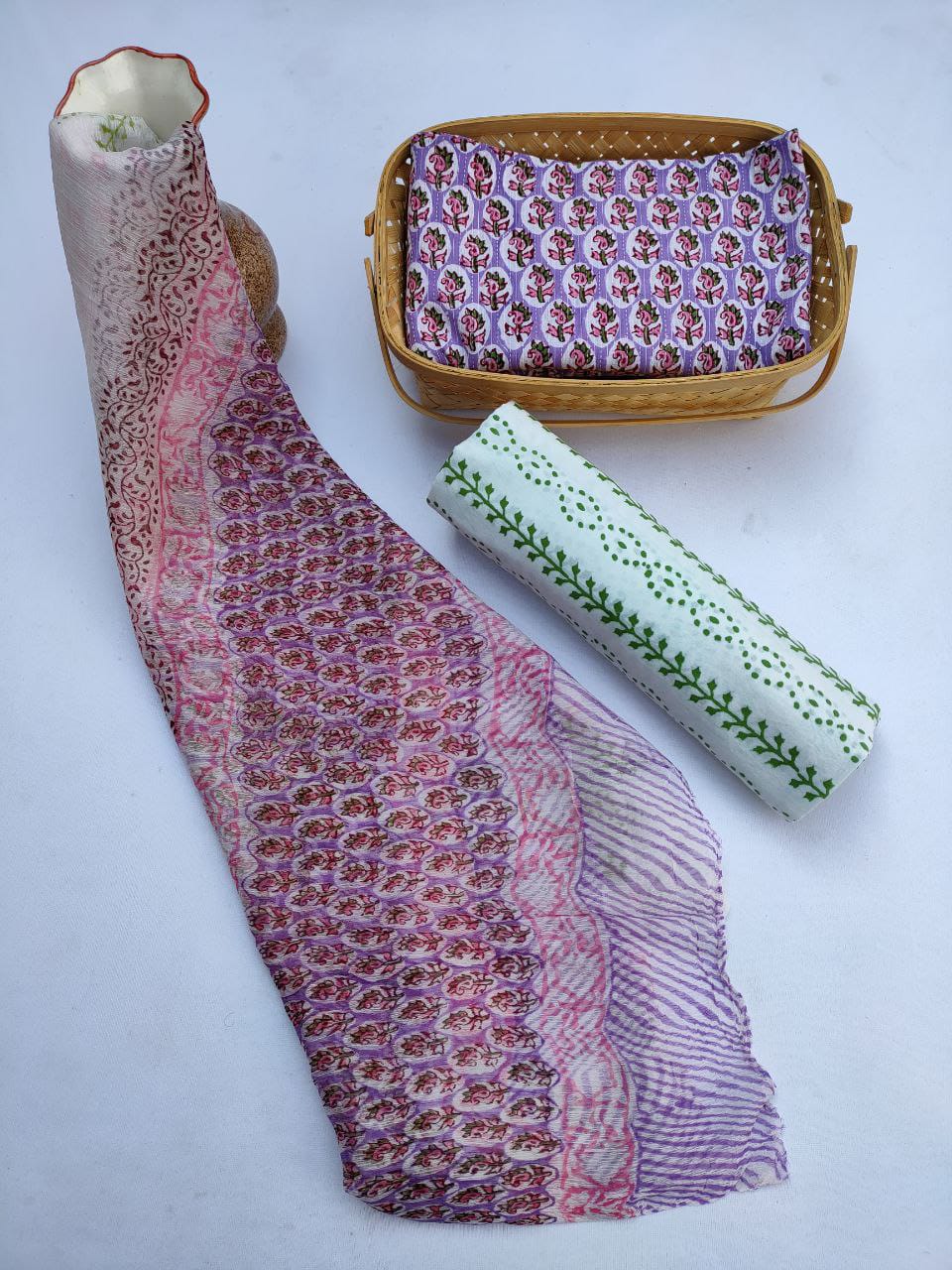 Unstitched Hand Block Printed Cotton Suit With Chiffon Dupatta - JBCF788