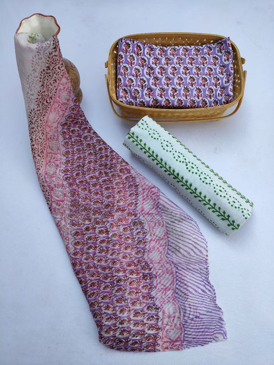 Unstitched Hand Block Printed Cotton Suit With Chiffon Dupatta - JBCF788