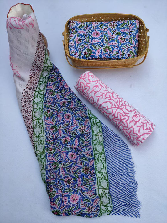 Unstitched Hand Block Printed Cotton Suit With Chiffon Dupatta - JBCF789