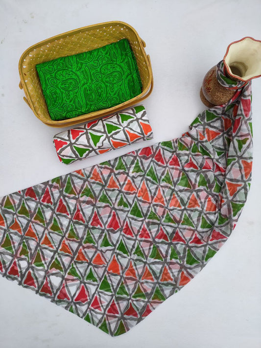 Hand Block Printed CottonUnstitched Salwar Suit with Chiffon Dupatta - JBCF791