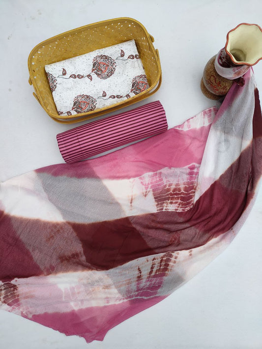 Unstitched Hand Block Printed Cotton Suit With Chiffon Dupatta - JBCF792