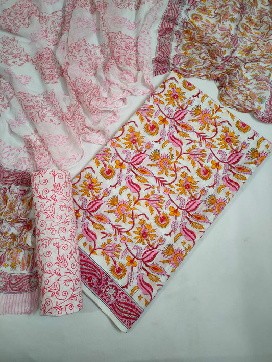 Unstitched Hand Block Printed Cotton Suit With Chiffon Dupatta - JBCF793