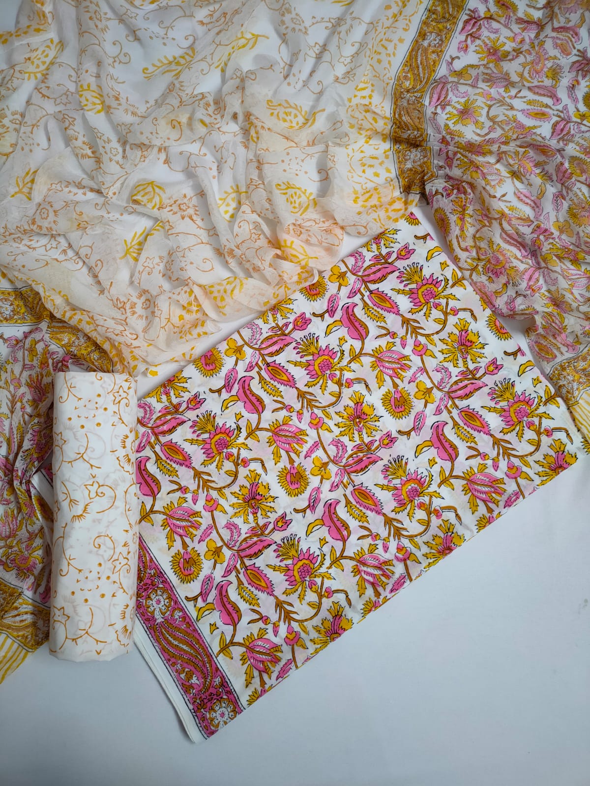 Hand Block Printed Unstitched Cotton Suit Set With Chiffon Dupatta - JBCF794