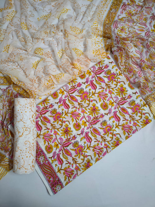 Hand Block Printed Unstitched Cotton Suit Set With Chiffon Dupatta - JBCF794
