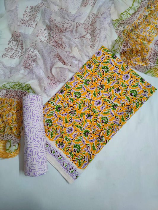 Hand Block Printed CottonUnstitched Salwar Suit with Chiffon Dupatta - JBCF795