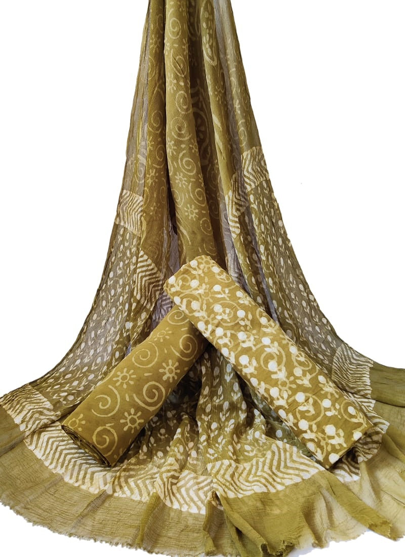 Unstitched Hand Block Printed Cotton Suit With Chiffon Dupatta - JBCF724