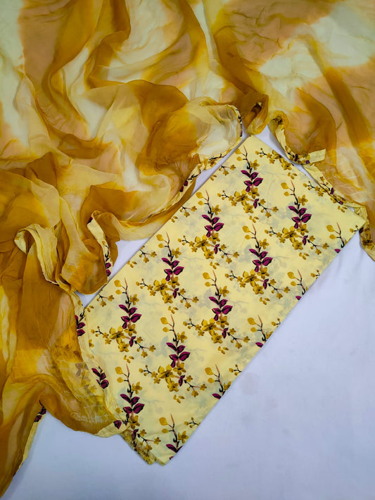 Unstitched Hand Block Printed Cotton Suit With Chiffon Dupatta - JBCF796