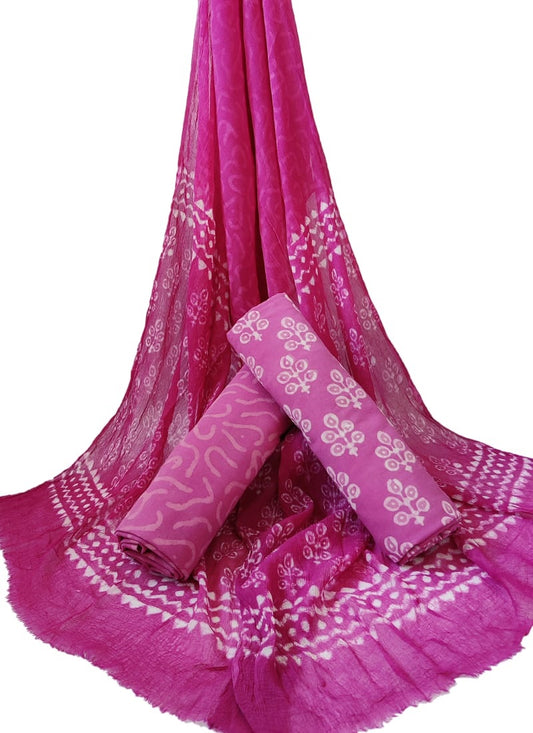 Unstitched Hand Block Printed Cotton Suit With Chiffon Dupatta - JBCF725