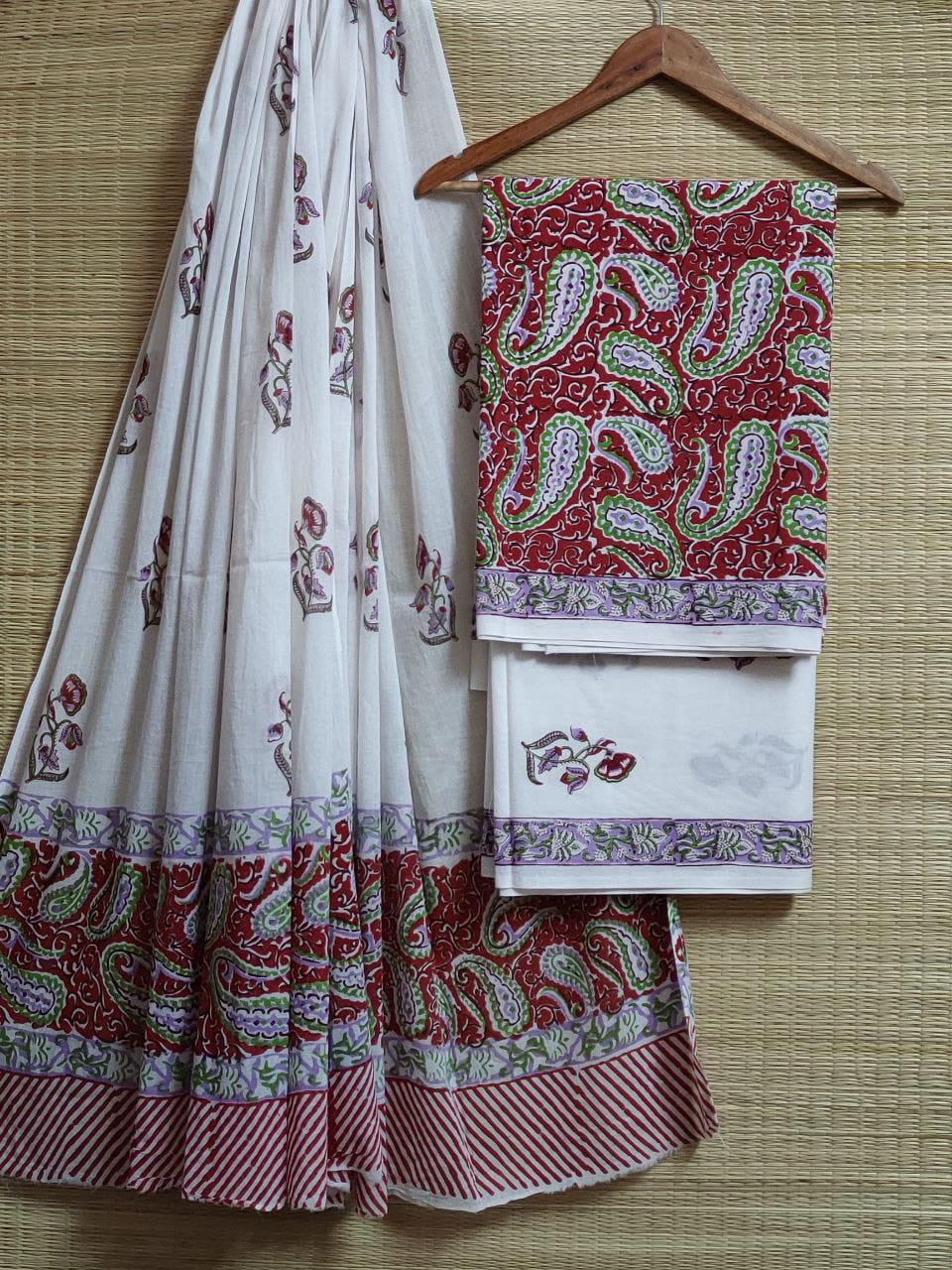 Hand Block Cotton Unstitched Salwar Suit With Cotton/Mulmul Dupatta - JBCM582