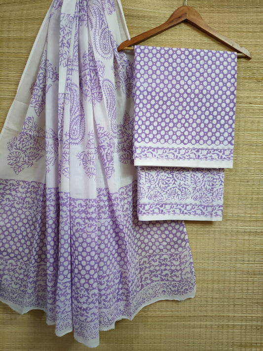 Hand Block Printed Pure Cotton Unstitched Salwar Suit Set With Cotton/Mulmul Dupatta - JBCM591