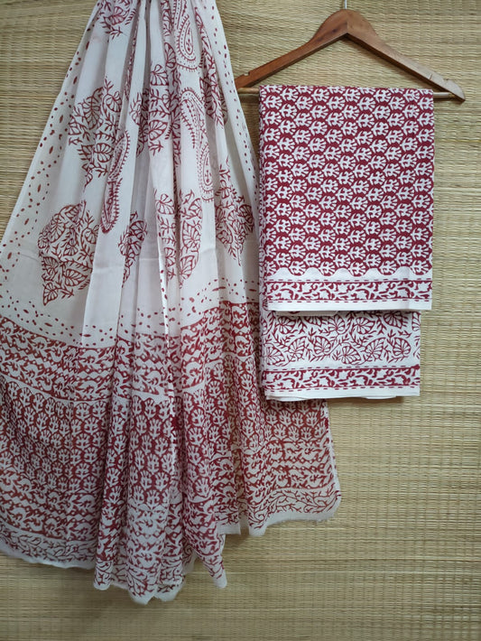 Pure Cotton Hand Block Printed Unstitched Salwar Suit Set With Cotton/Mulmul Dupatta - JBCM592