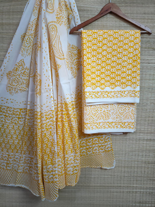 Hand Block Cotton Unstitched Salwar Suit With Cotton/Mulmul Dupatta - JBCM593