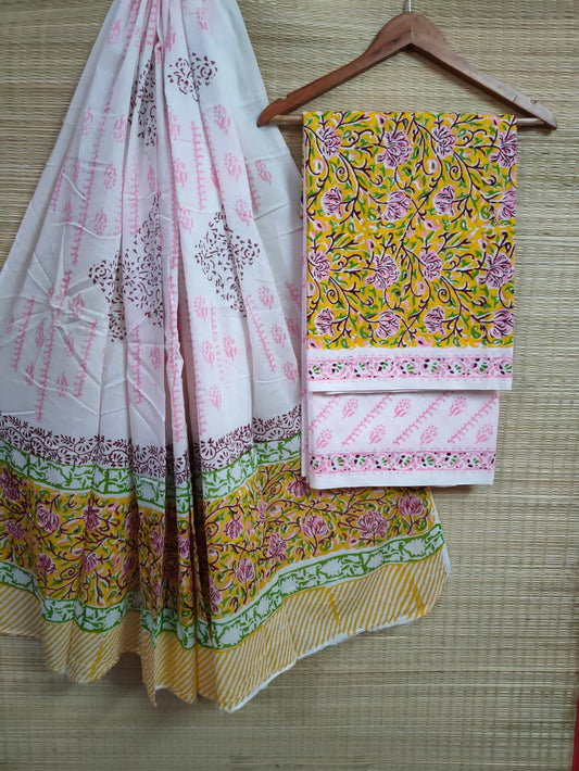 Hand Block Cotton Unstitched Salwar Suit With Cotton/Mulmul Dupatta - JBCM594