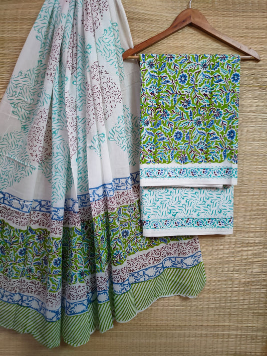 Hand Block Printed Pure Cotton Unstitched Salwar Suit Set With Cotton/Mulmul Dupatta - JBCM595