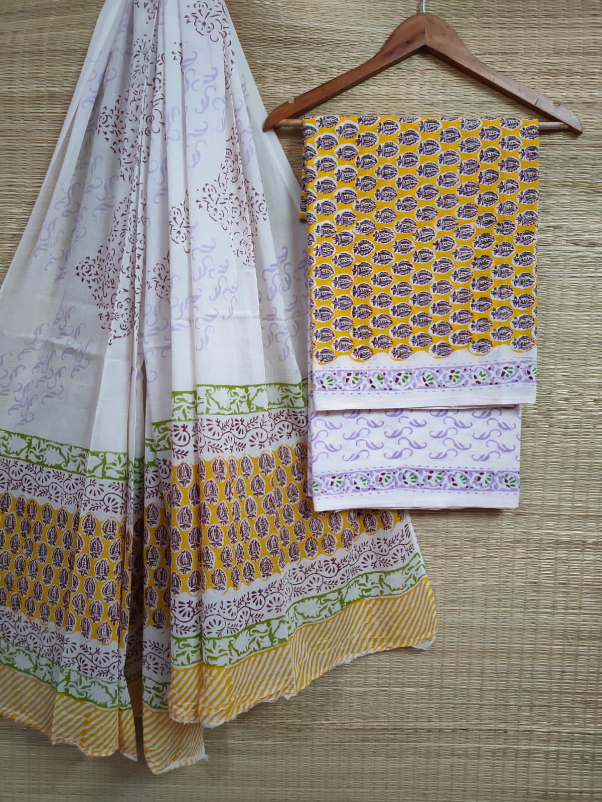 Pure Cotton Hand Block Printed Unstitched Salwar Suit Set With Cotton/Mulmul Dupatta - JBCM596
