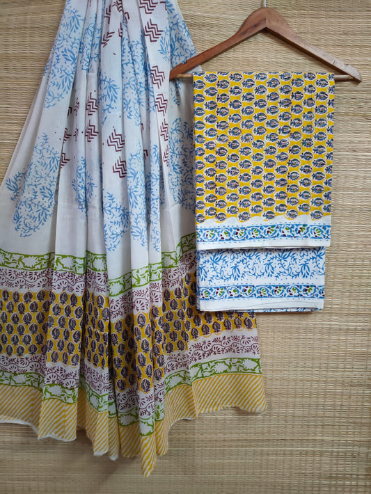 Hand Block Cotton Unstitched Salwar Suit With Cotton/Mulmul Dupatta - JBCM597