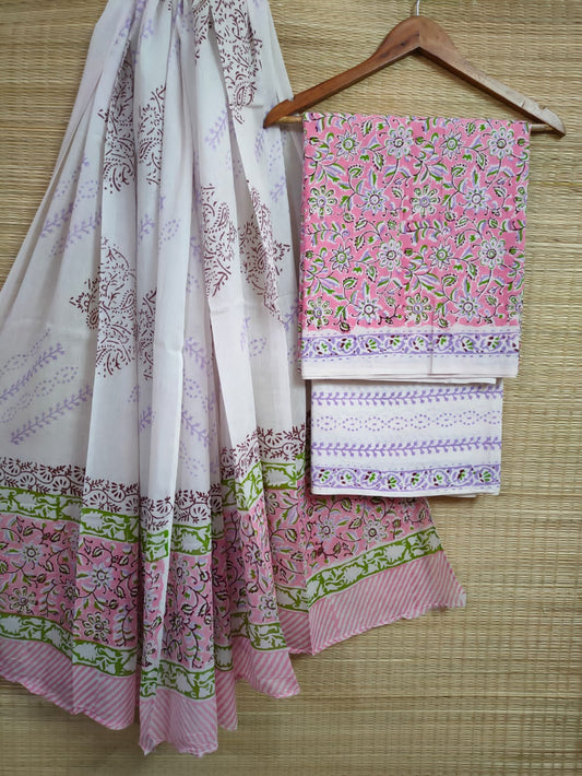 Hand Block Cotton Unstitched Salwar Suit With Cotton/Mulmul Dupatta - JBCM598
