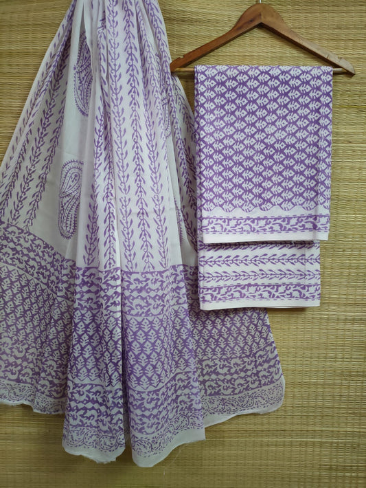 Hand Block Printed Pure Cotton Unstitched Salwar Suit Set With Cotton/Mulmul Dupatta - JBCM599