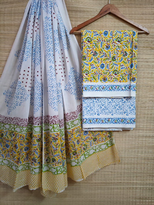 Pure Cotton Hand Block Printed Unstitched Salwar Suit Set With Cotton/Mulmul Dupatta - JBCM600
