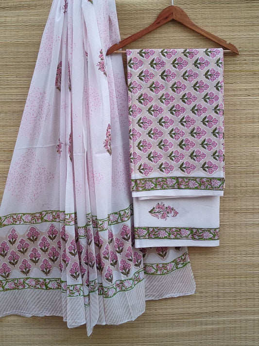 Hand Block Printed Pure Cotton Unstitched Salwar Suit Set With Cotton/Mulmul Dupatta - JBCM583