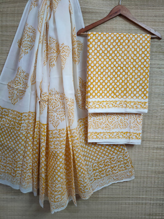 Hand Block Cotton Unstitched Salwar Suit With Cotton/Mulmul Dupatta - JBCM601