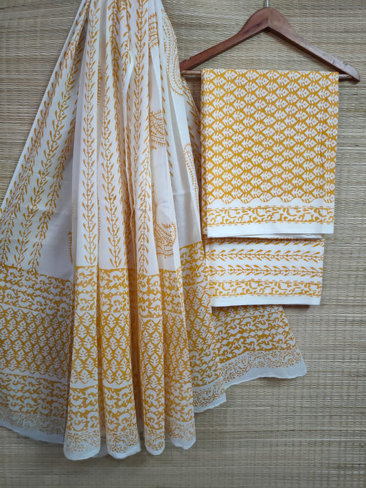 Hand Block Cotton Unstitched Salwar Suit With Cotton/Mulmul Dupatta - JBCM602