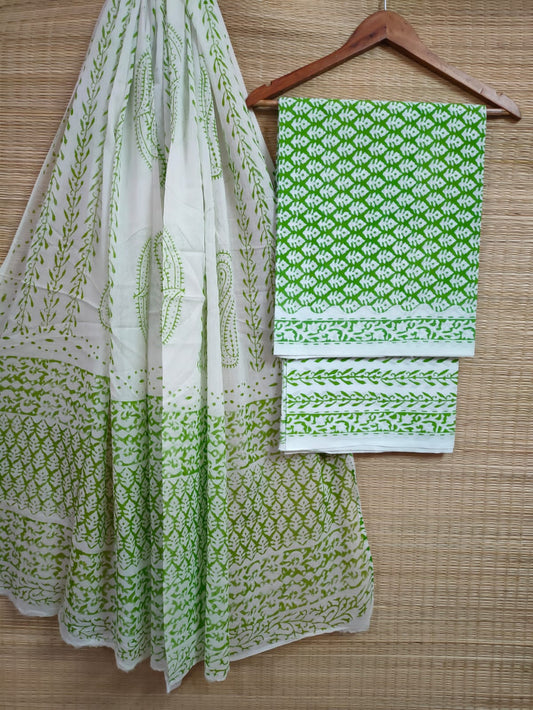 Hand Block Printed Pure Cotton Unstitched Salwar Suit Set With Cotton/Mulmul Dupatta - JBCM603