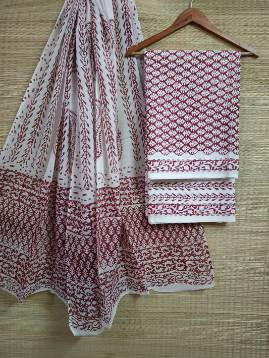 Hand Block Cotton Unstitched Salwar Suit With Cotton/Mulmul Dupatta - JBCM605