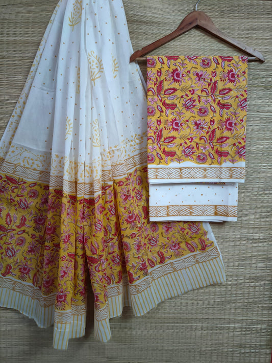 Hand Block Cotton Unstitched Salwar Suit With Cotton/Mulmul Dupatta - JBCM606