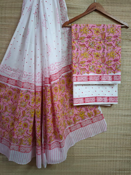 Hand Block Printed Pure Cotton Unstitched Salwar Suit Set With Cotton/Mulmul Dupatta - JBCM607