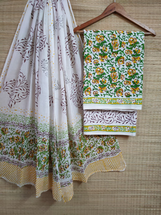 Hand Block Cotton Unstitched Salwar Suit With Cotton/Mulmul Dupatta - JBCM609