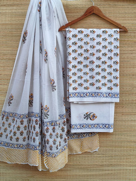 Pure Cotton Hand Block Printed Unstitched Salwar Suit Set With Cotton/Mulmul Dupatta - JBCM584