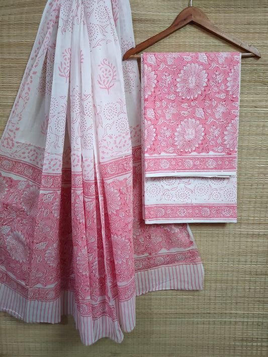 Pure Cotton Hand Block Printed Unstitched Salwar Suit Set With Cotton/Mulmul Dupatta - JBCM612