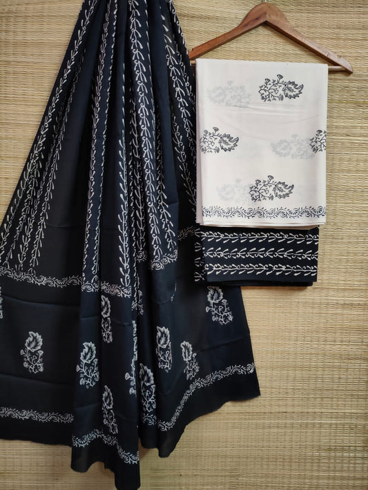 Pure Cotton Hand Block Printed Unstitched Salwar Suit Set With Cotton/Mulmul Dupatta - JBCM616