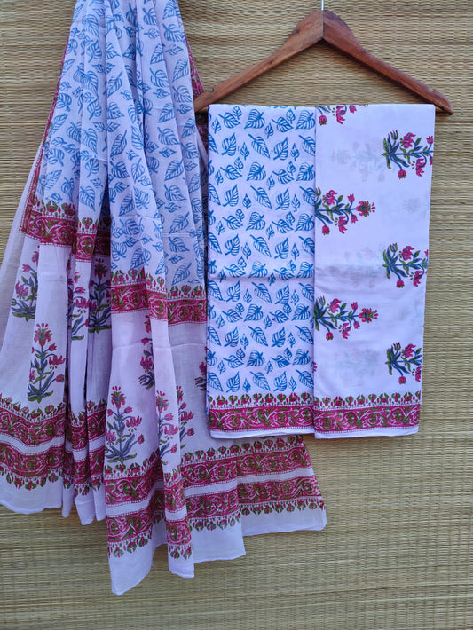 Hand Block Printed Pure Cotton Unstitched Salwar Suit Set With Cotton/Mulmul Dupatta - JBCM619