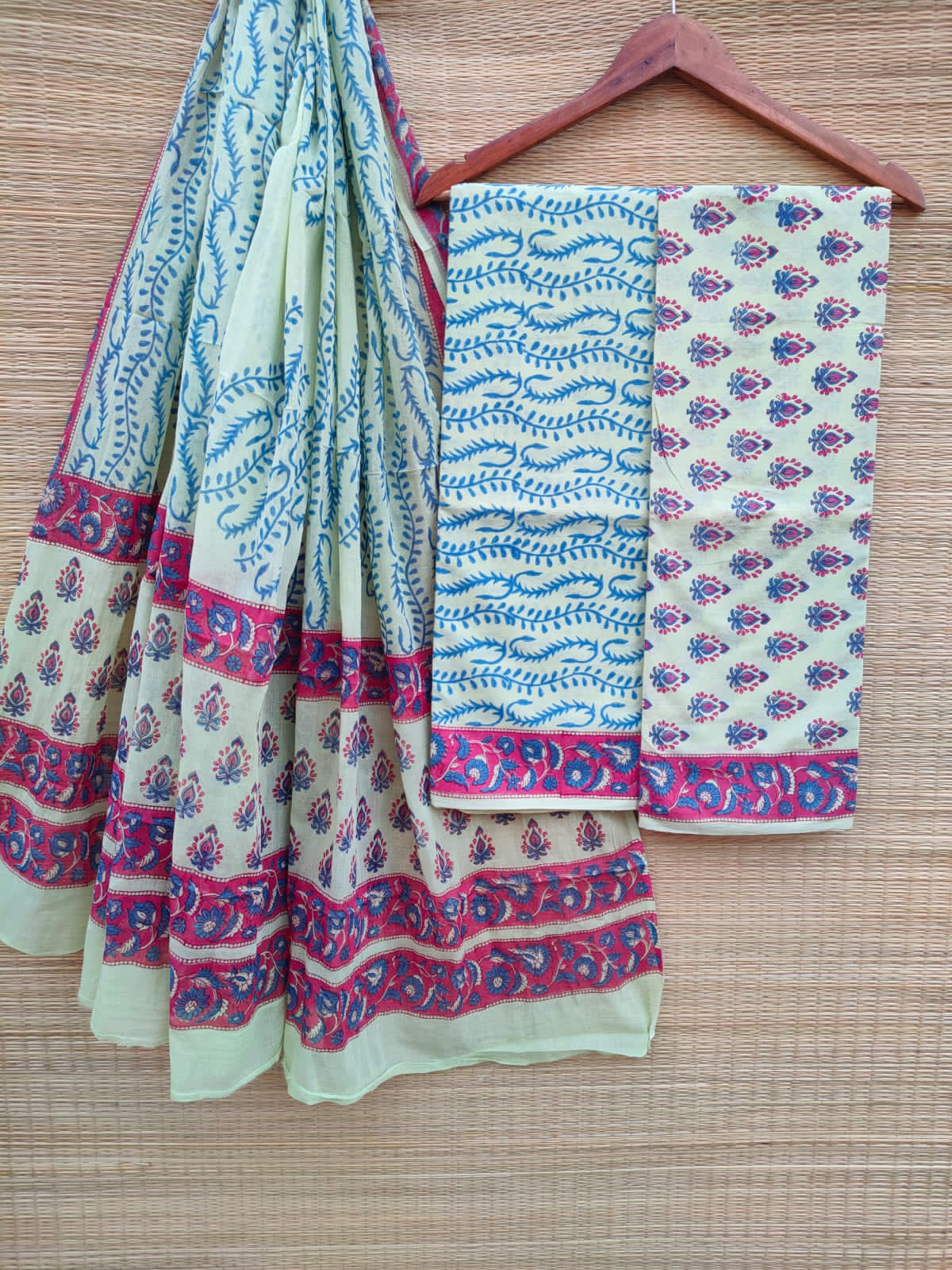 Pure Cotton Hand Block Printed Unstitched Salwar Suit Set With Cotton/Mulmul Dupatta - JBCM620