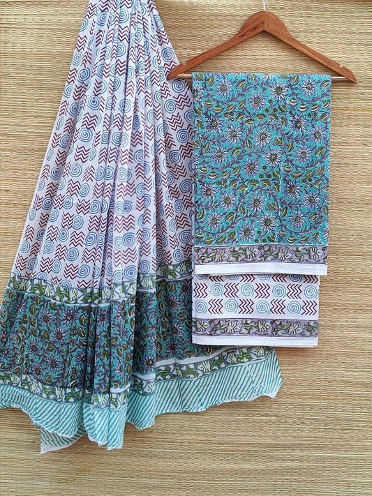 Hand Block Cotton Unstitched Salwar Suit With Cotton/Mulmul Dupatta - JBCM585