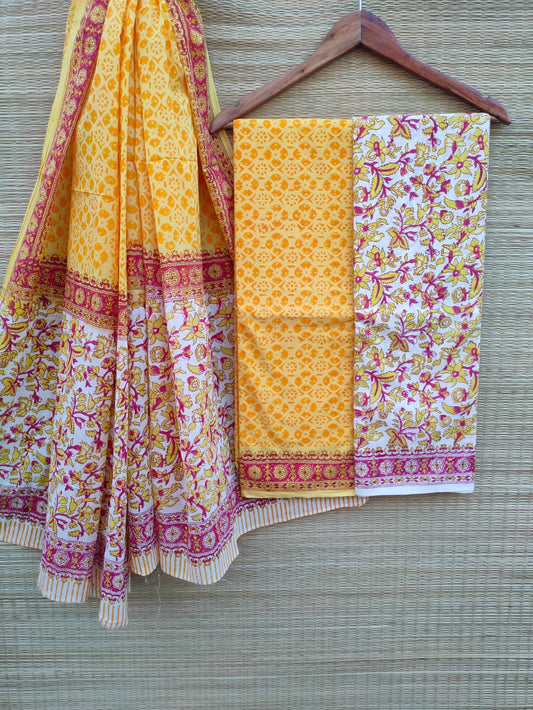 Hand Block Cotton Unstitched Salwar Suit With Cotton/Mulmul Dupatta - JBCM622