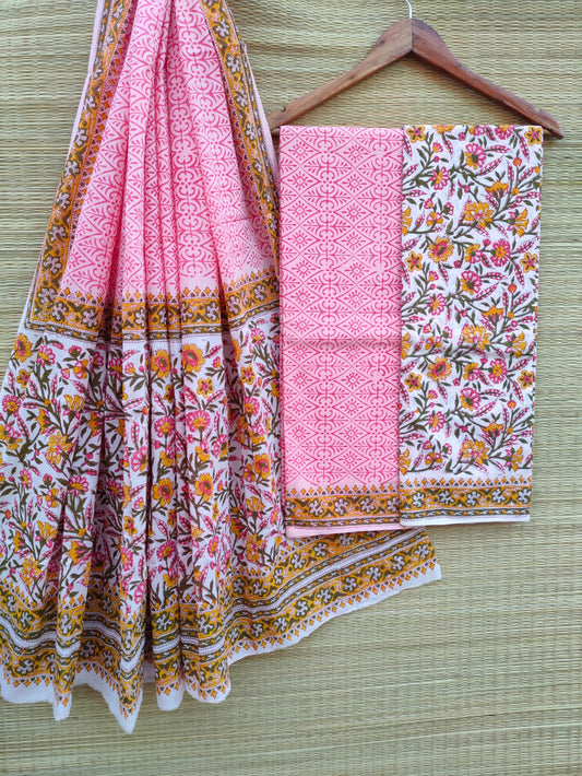 Hand Block Printed Pure Cotton Unstitched Salwar Suit Set With Cotton/Mulmul Dupatta - JBCM623