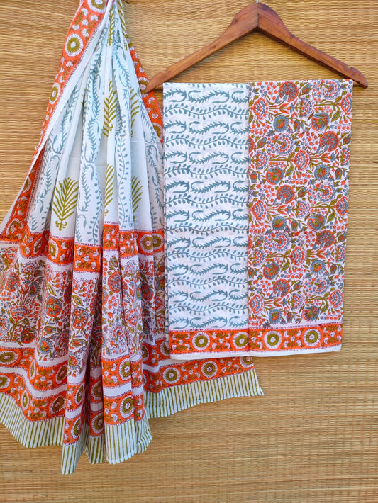 Pure Cotton Hand Block Printed Unstitched Salwar Suit Set With Cotton/Mulmul Dupatta - JBCM624