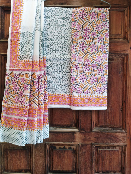 Hand Block Cotton Unstitched Salwar Suit With Cotton/Mulmul Dupatta - JBCM626