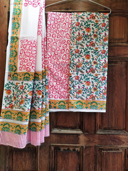 Hand Block Printed Pure Cotton Unstitched Salwar Suit Set With Cotton/Mulmul Dupatta - JBCM627